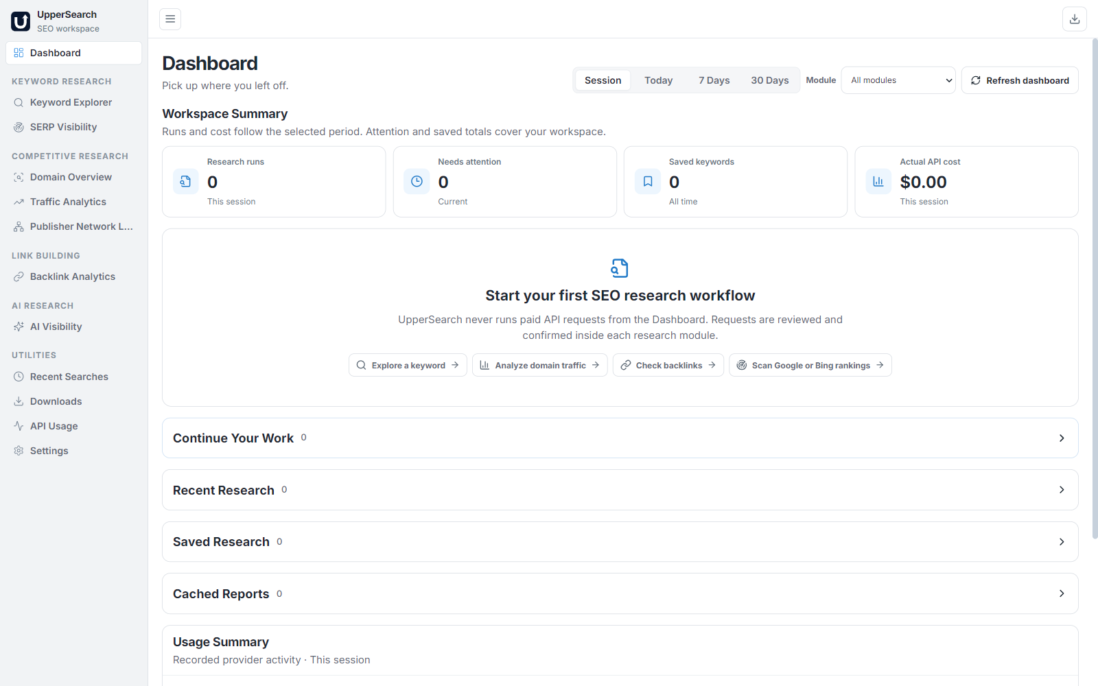 UpperSearch Workspace Dashboard
