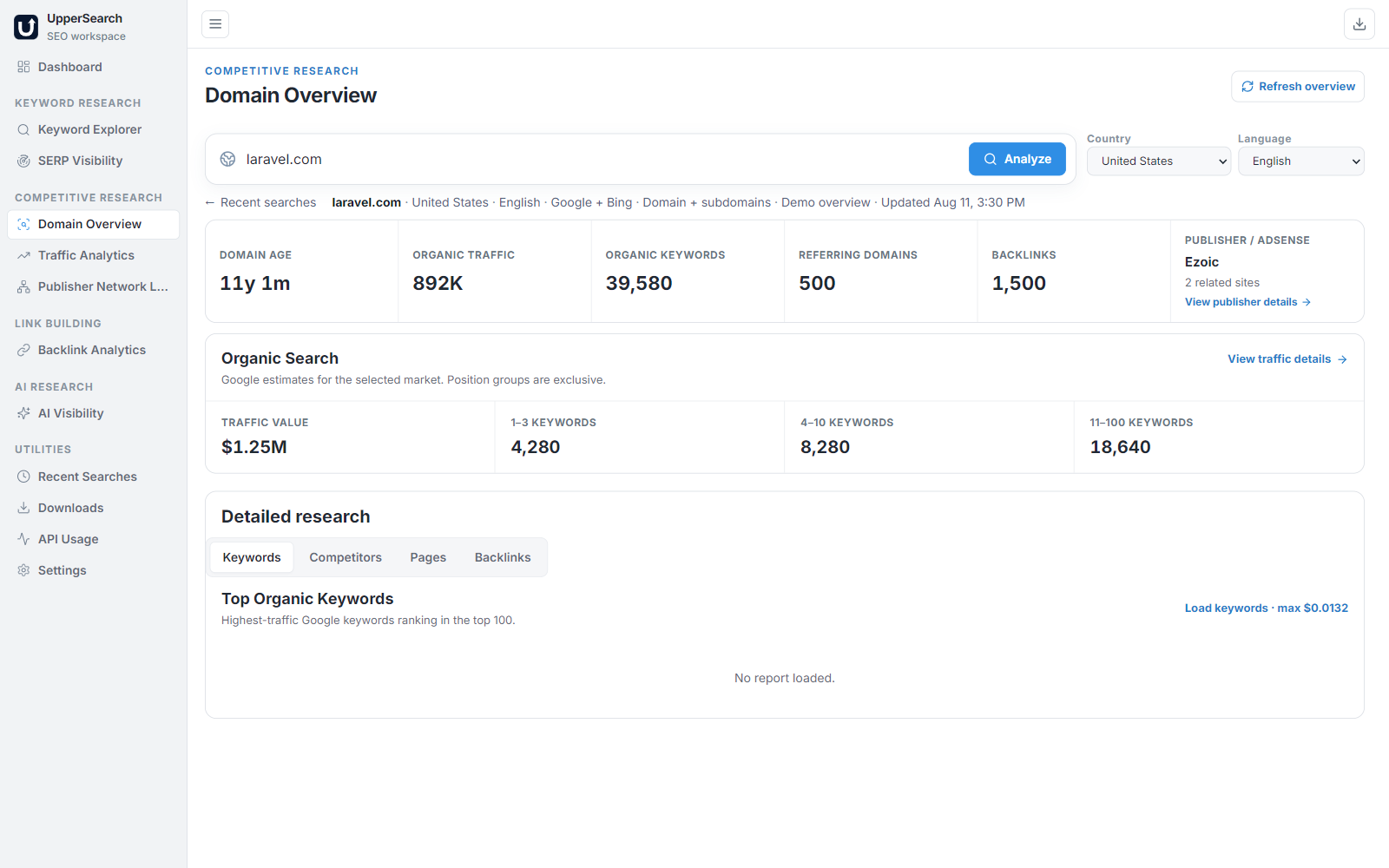 UpperSearch Domain Overview Interface